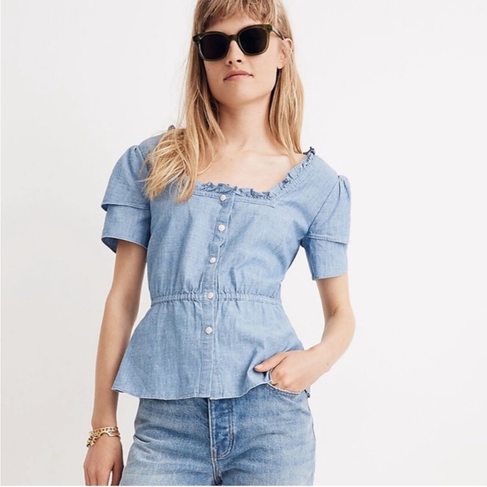 Madewell Chambray Ruffle-Sleeve Peplum Top